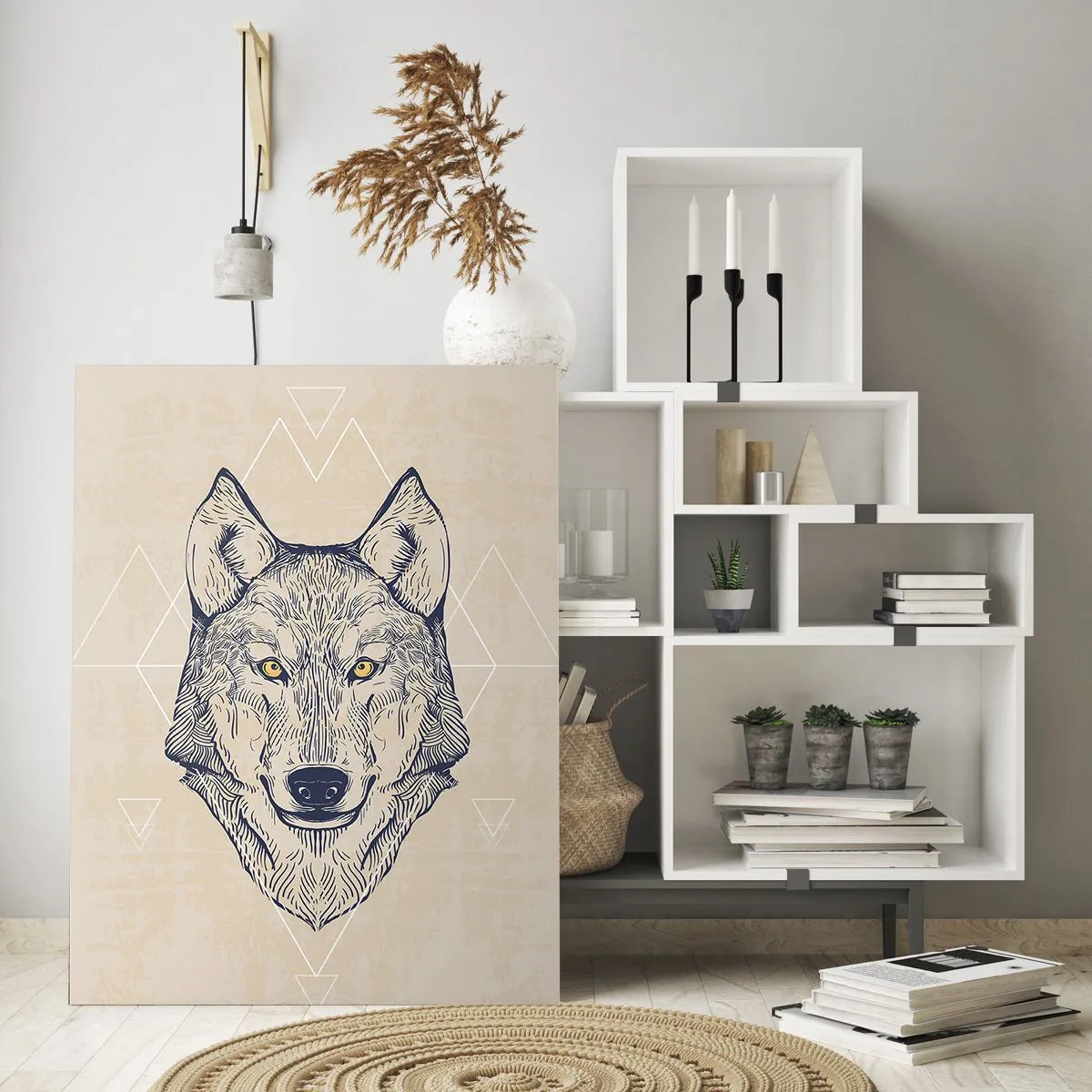 Cuadro sobre vidrio - Impresiones sobre Vidrio - Cabeza de lobo sobre un fondo de patrones geométricos. - 50x70cm - La mirada del lobo alfa - Decoración de pared moderna para salón y dormitorio ARTTOR