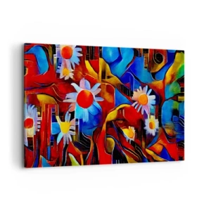 Cuadro sobre lienzo - Impresión de Imagen - Flores abstractas sobre un fondo de patrones geométricos. - 120x80cm - Colores de la vida - Decoración de pared moderna para salón y dormitorio ARTTOR