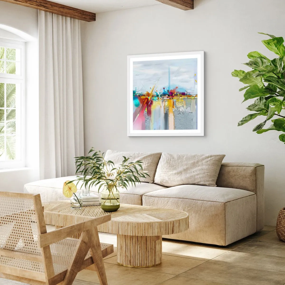 Póster en marco blanco - Un puente de alegría sobre el río de la vida - 50x50 cm