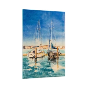 Cuadro sobre vidrio - Impresiones sobre Vidrio - Puerto deportivo con barcos con el fondo de una laguna azul - 80x120cm - Laguna soleada - Decoración de pared moderna para salón y dormitorio ARTTOR