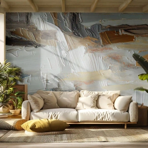 Fotomural Premium Sand - Abstracción aplicada densamente en tonos de blanco, gris y marrón. - 100x70cm - Estratificación de colores - Decoración de pared moderna para salón y dormitorio ARTTOR