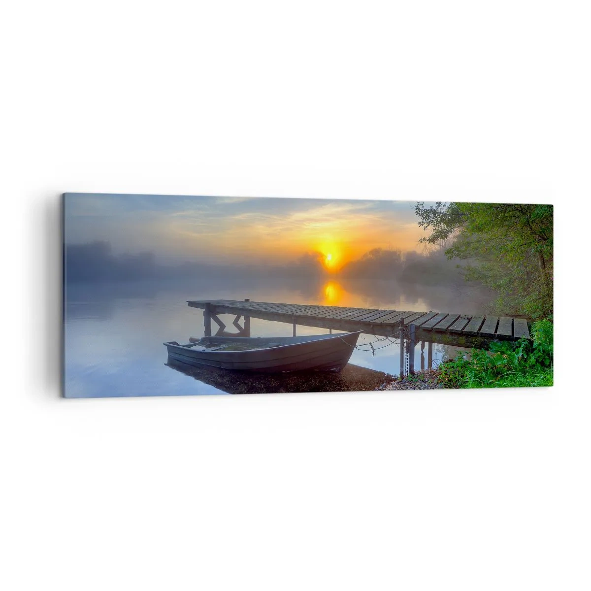 Cuadro sobre lienzo - Impresión de Imagen - Un embarcadero junto al lago al amanecer con un barco en la orilla. - 140x50cm - Cómo lo ordinario se convierte en mágico - Decoración de pared moderna para salón y dormitorio ARTTOR