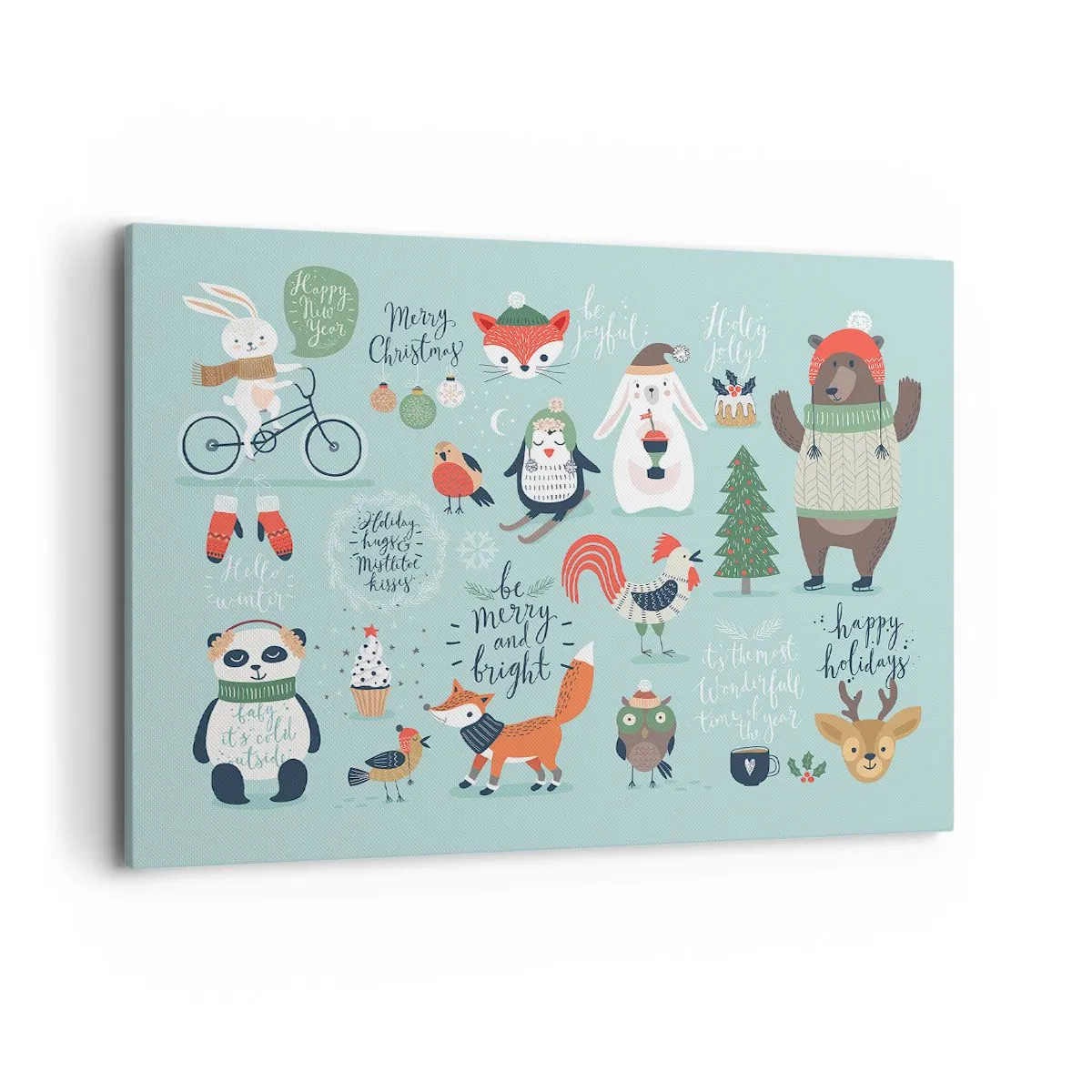 Cuadro sobre lienzo - Impresión de Imagen - Ilustración navideña de animales en un ambiente invernal. - 100x70cm - ¡Que siempre sea Navidad! - Decoración de pared moderna para salón y dormitorio ARTTOR