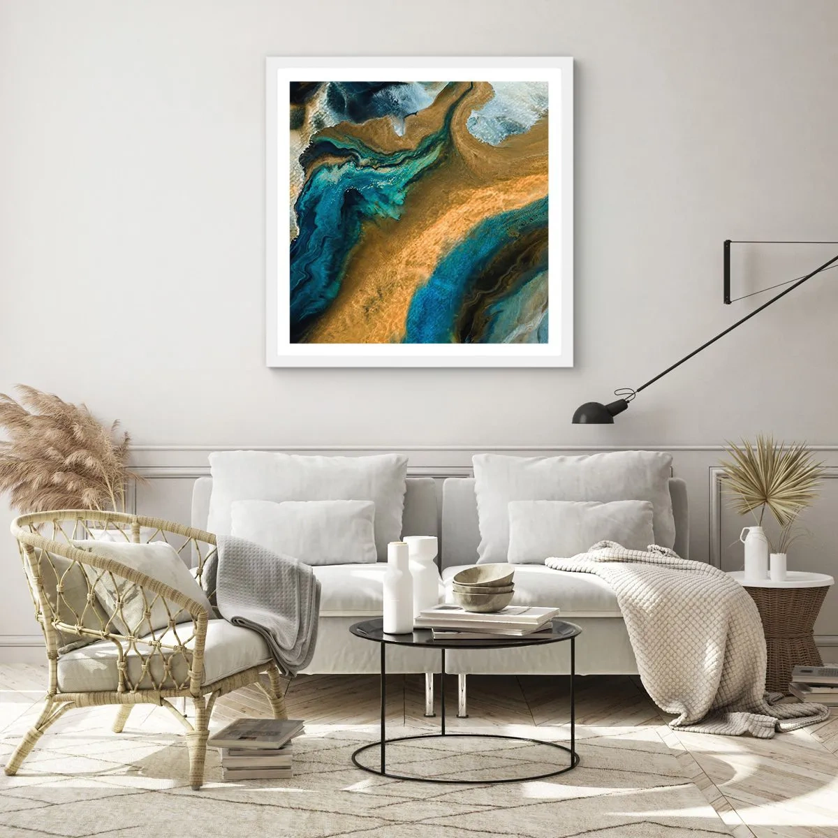 Póster en marco blanco - Azul - amarillo - influencia mutua - 50x50 cm