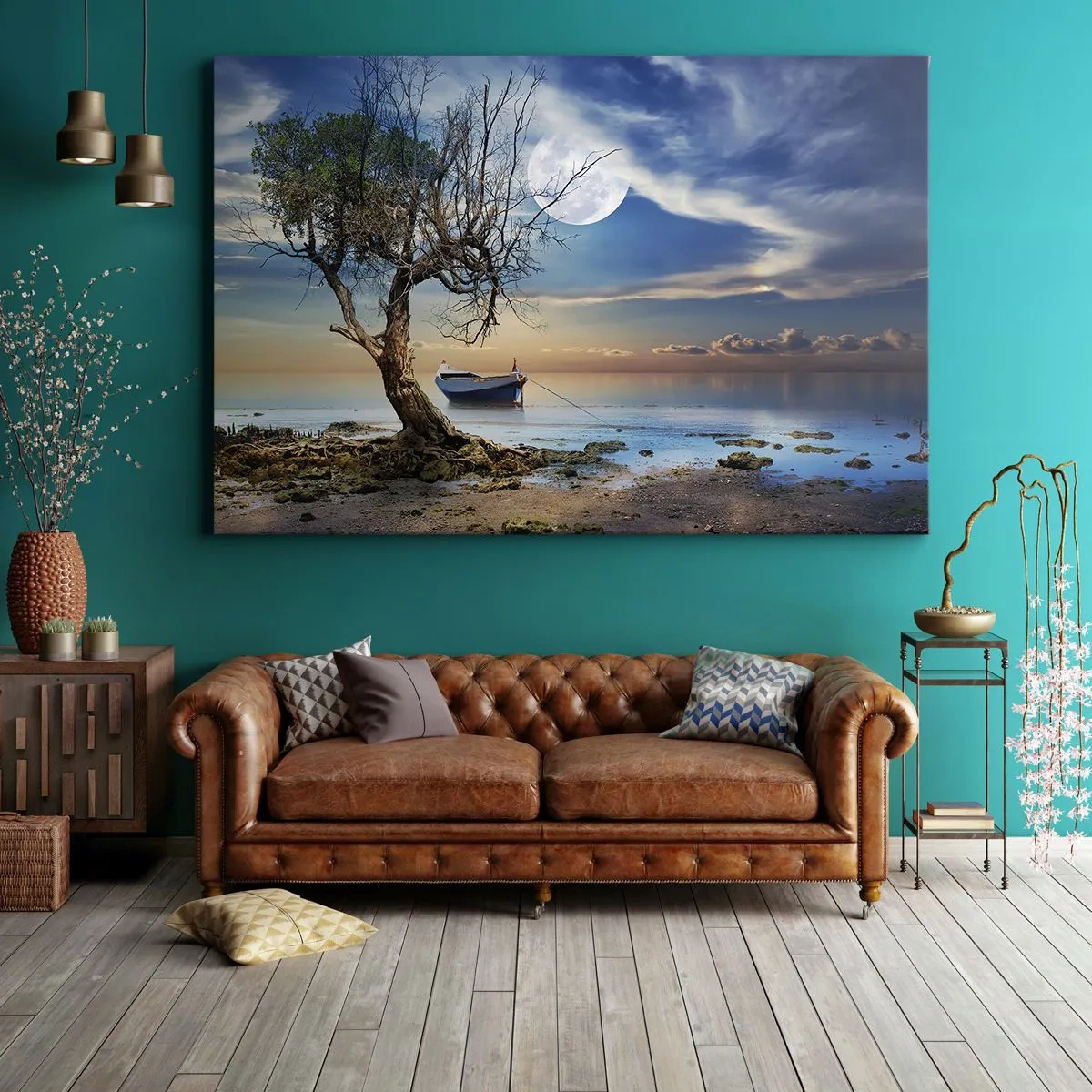 Cuadro sobre lienzo - Impresión de Imagen - Un árbol solitario y un barco en aguas tranquilas bajo la luna llena. - 70x50cm - ¿Es el final o el principio? - Decoración de pared moderna para salón y dormitorio ARTTOR