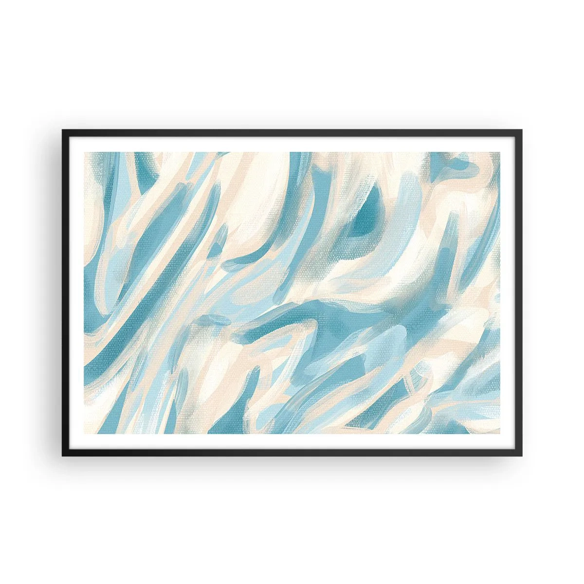 Póster en marco negro - Rayas azules abstractas sobre un fondo claro - 100x70cm - Brisas primaverales - Decoración de pared moderna para salón y dormitorio ARTTOR