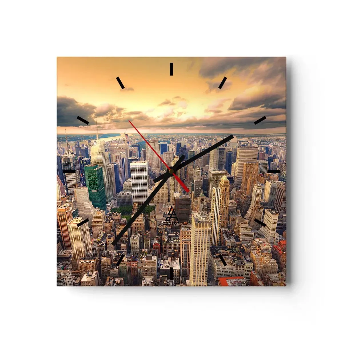 Reloj de pared - Reloj de vidrio - Panorama de la ciudad con vistas a los rascacielos al atardecer - 30x30cm - Metrópolis dorada - Decoración de pared moderna para salón y dormitorio ARTTOR