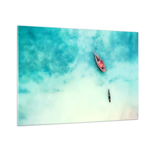 Cuadro sobre vidrio - Impresiones sobre Vidrio - Barcos en aguas azules en un entorno tranquilo. - 100x70cm - Porque en las playas de Zanzíbar, cuando las aguas se desbordan... - Decoración de pared moderna para salón y dormitorio ARTTOR