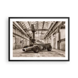 Póster en marco negro - Coche de carreras en blanco y negro en un interior industrial. - 70x50cm - El descanso del vencedor - Decoración de pared moderna para salón y dormitorio ARTTOR