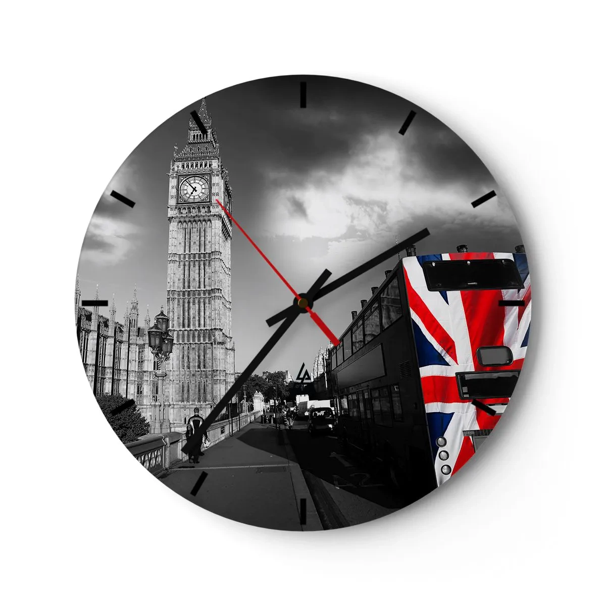 Reloj de pared - Reloj de vidrio - El Big Ben y un autobús con motivo de bandera británica - 30x30cm - Orgullosa y grandiosa - Decoración de pared moderna para salón, cocina y dormitorio ARTTOR