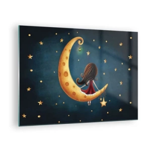 Cuadro sobre vidrio - Impresiones sobre Vidrio - Una niña en la luna entre las estrellas sobre un fondo azul marino. - 70x50cm - Érase una vez... - Decoración de pared moderna para salón y dormitorio ARTTOR