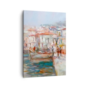 Cuadro sobre lienzo - Impresión de Imagen - Impresión portuaria con barcos y edificios - 50x70cm - Vacaciones en colores pastel - Decoración de pared moderna para salón y dormitorio ARTTOR