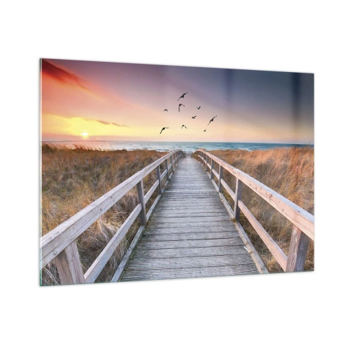 Cuadro sobre vidrio - Impresiones sobre Vidrio - Una pasarela de madera sobre las dunas que conduce a la playa al atardecer. - 100x70cm - Camino a lo desconocido - Decoración de pared moderna para salón y dormitorio ARTTOR