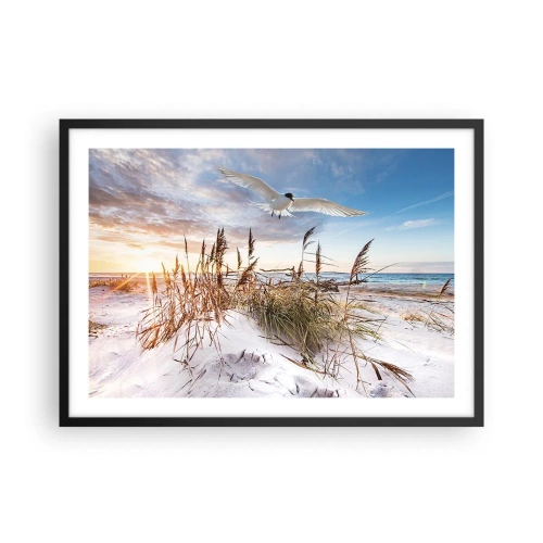 Póster en marco negro - Playa con gaviotas volando al atardecer - 70x50cm - Viento del mar - Decoración de pared moderna para salón y dormitorio ARTTOR