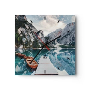 Reloj de pared - Reloj de vidrio - Un lago con barcos rodeado de montañas. - 30x30cm - Te mostraremos la fuente de la belleza - Decoración de pared moderna para salón y dormitorio ARTTOR