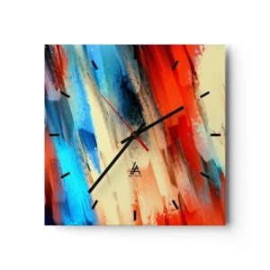 Reloj de pared - Reloj de vidrio - Pincelada abstracta en tonos azules y naranjas - 30x30cm - Una cascada de colores - Decoración de pared moderna para salón y dormitorio ARTTOR