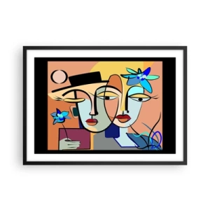 Póster en marco negro - Retratos cubistas en colores vibrantes con motivo floral. - 70x50cm - Randez vous de Picasso - Decoración de pared moderna para salón y dormitorio ARTTOR