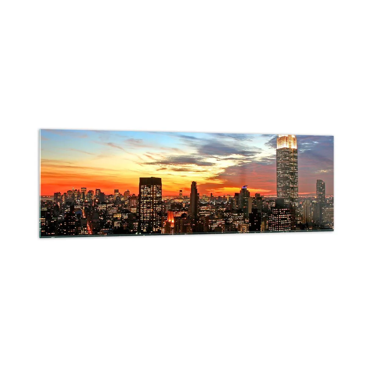 Cuadro sobre vidrio - Impresiones sobre Vidrio - Panorama de la ciudad con rascacielos iluminados al atardecer - 160x50cm - Una luminosa noche americana - Decoración de pared moderna para salón y dormitorio ARTTOR