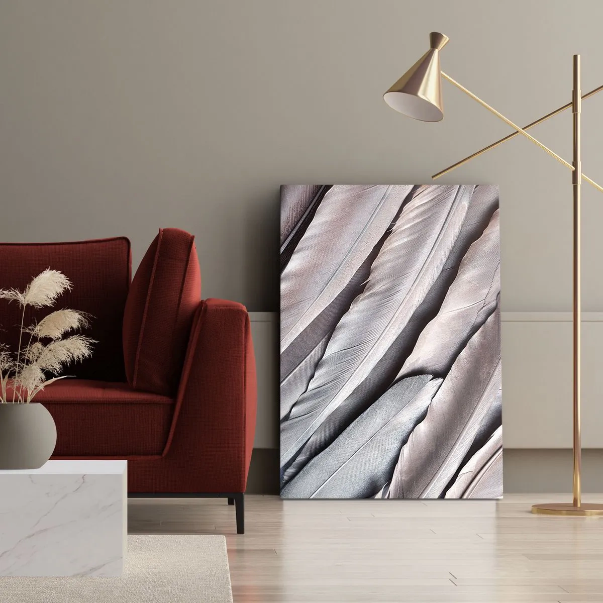 Cuadro sobre lienzo - Impresión de Imagen - Plumas delicadas en sutiles tonos de gris y beige. - 50x70cm - En rosa plateado - Decoración de pared moderna para salón y dormitorio ARTTOR