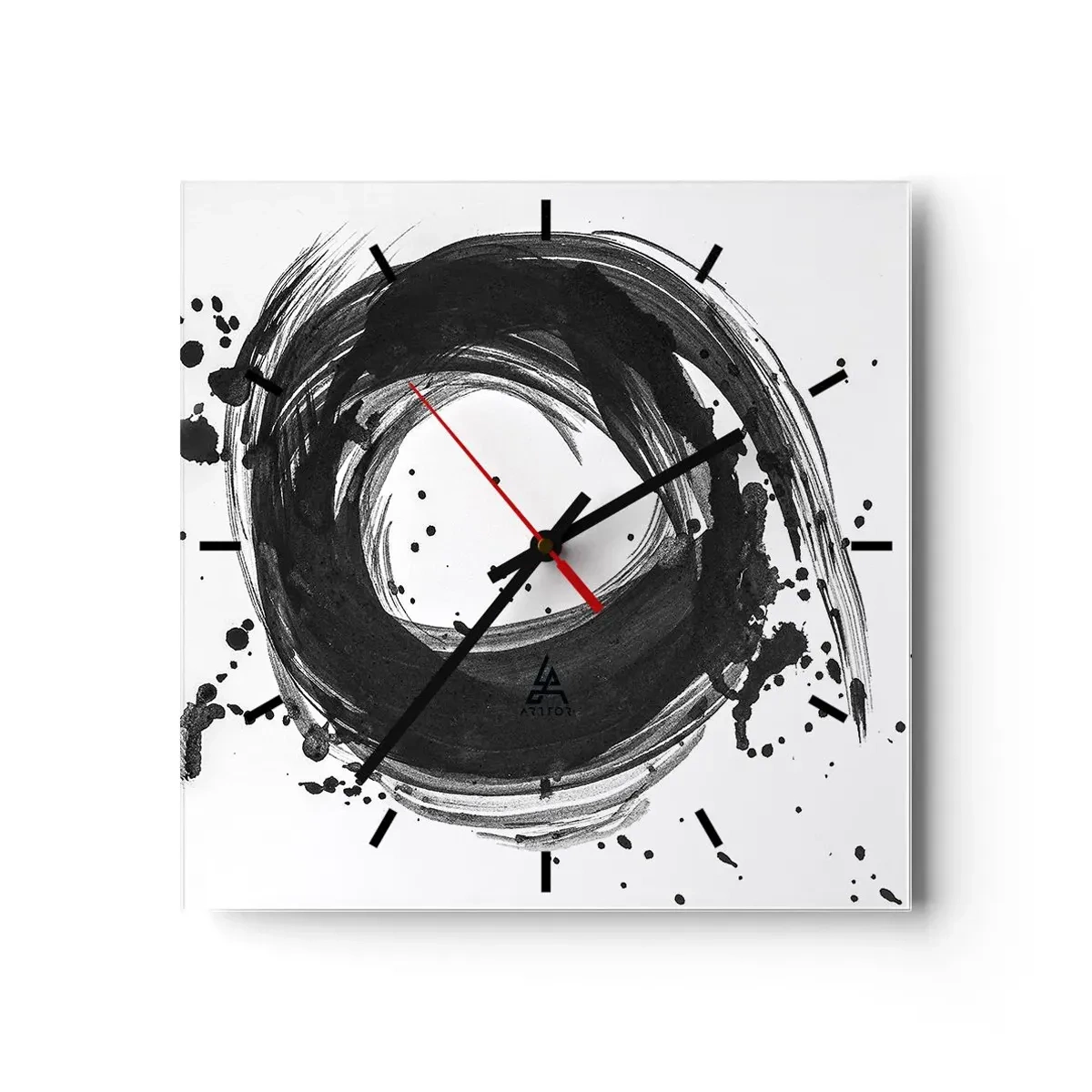 Reloj de pared - Reloj de vidrio - Abstracción negra en forma de círculo sobre fondo blanco. - 30x30cm - El torbellino de la creación - Decoración de pared moderna para salón y dormitorio ARTTOR