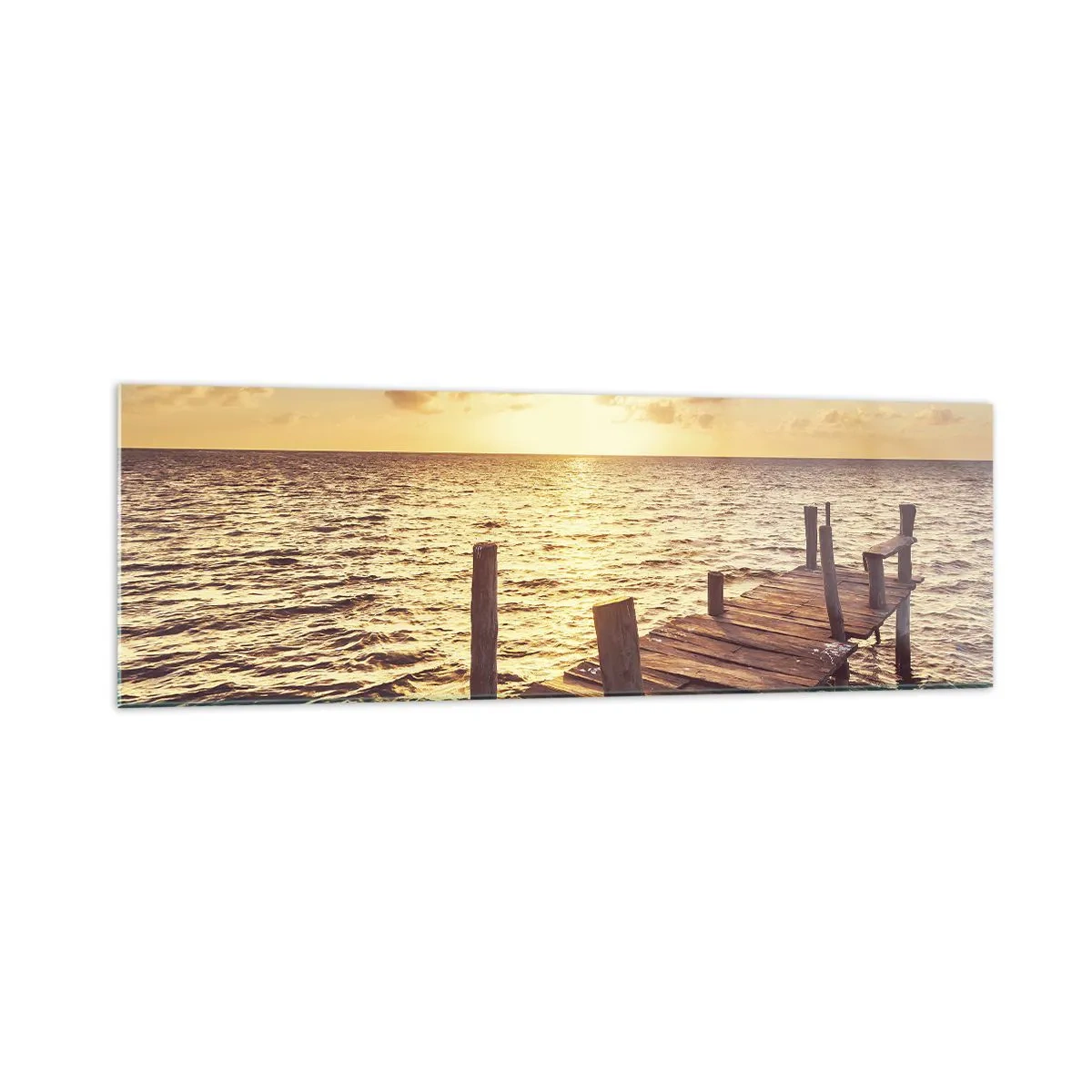 Cuadro sobre vidrio - Impresiones sobre Vidrio - Un embarcadero de madera que conduce hacia la puesta del sol. - 160x50cm - Una tierra dorada de dulzura - Decoración de pared moderna para salón y dormitorio ARTTOR