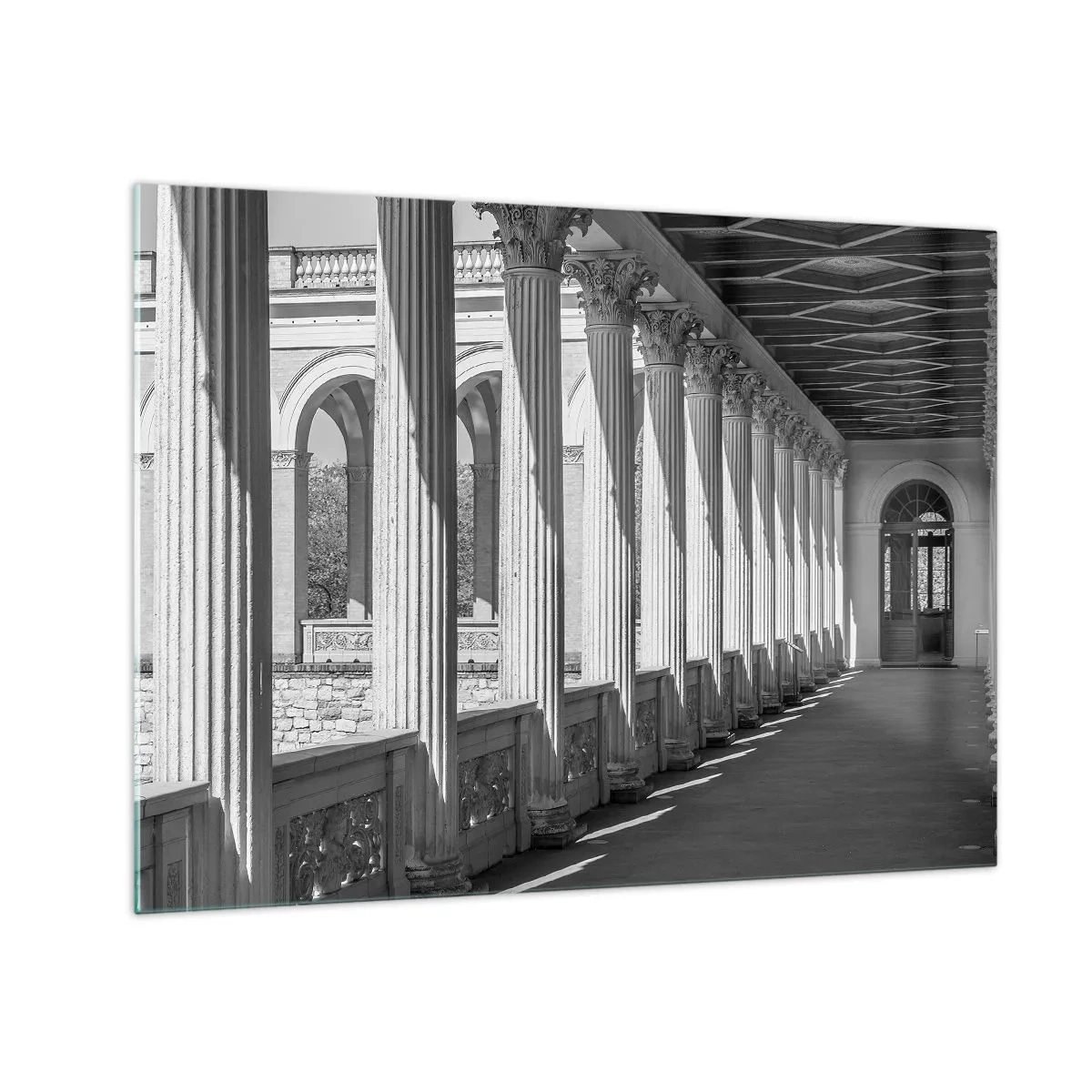 Cuadro sobre vidrio - Impresiones sobre Vidrio - Una columnata en blanco y negro con un juego rítmico de luces y sombras. - 70x50cm - Galería soleada - Decoración de pared moderna para salón y dormitorio ARTTOR
