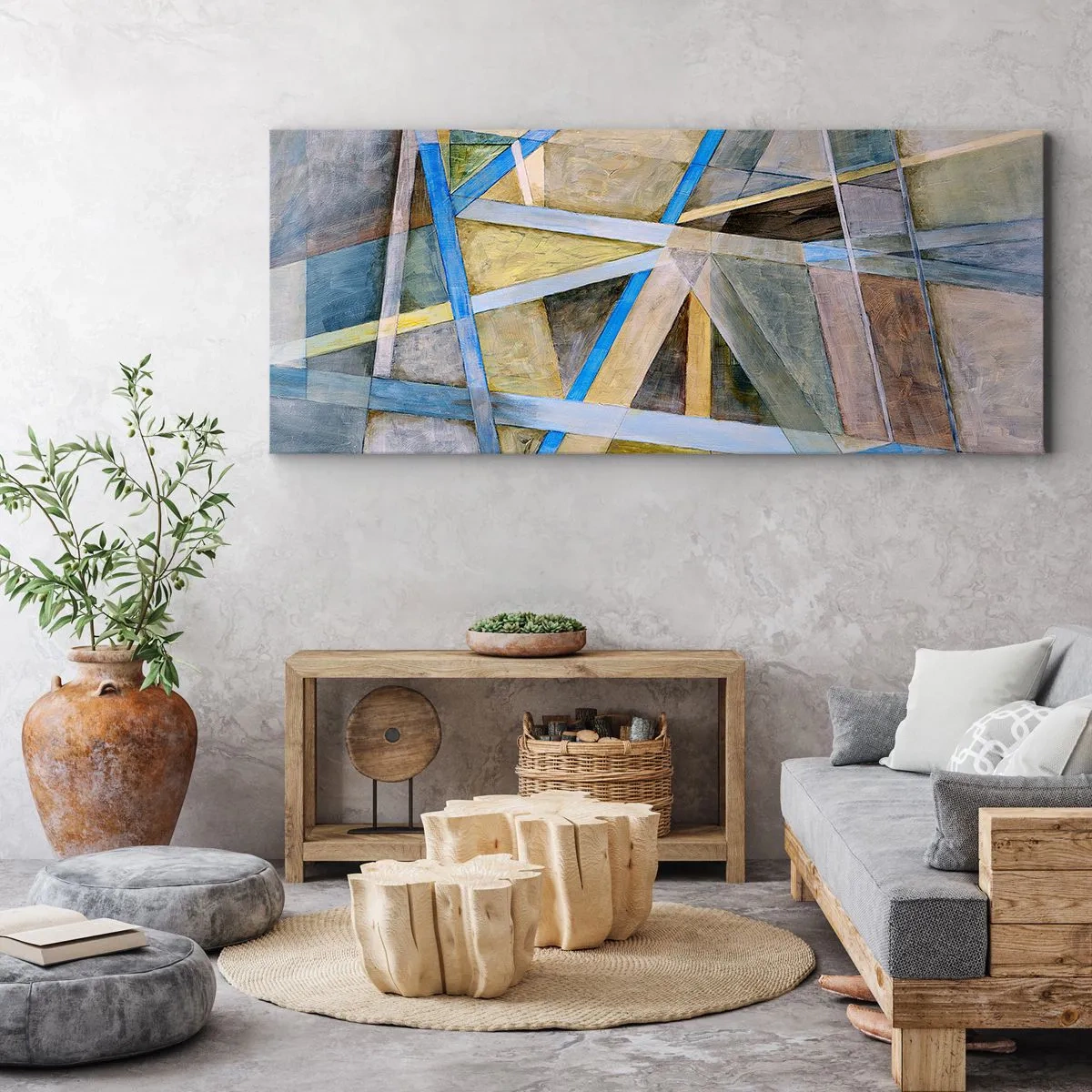 Cuadro sobre lienzo - Impresión de Imagen - Composición geométrica con líneas claras y azules. - 140x50cm - ¿Recto o inclinado? - Decoración de pared moderna para salón y dormitorio ARTTOR