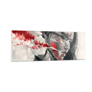 Cuadro sobre vidrio - Impresiones sobre Vidrio - Retrato artístico de una mujer con acentos rojos abstractos. - 140x50cm - En los humos del absurdo - Decoración de pared moderna para salón y dormitorio ARTTOR