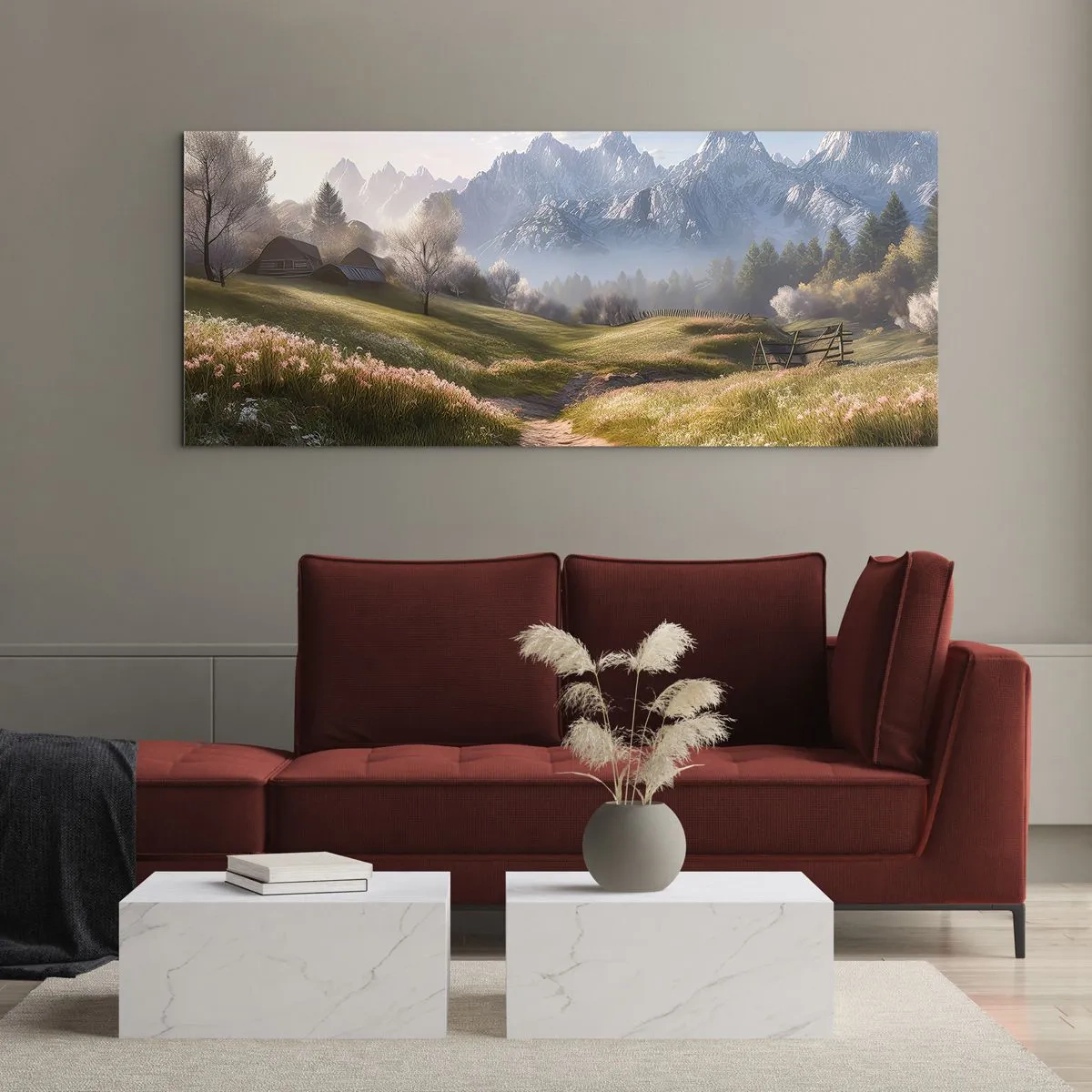 Cuadro sobre vidrio - Impresiones sobre Vidrio - Un valle de montaña con prados, cabañas y vistas a los picos. - 120x50cm - Valle idílico - Decoración de pared moderna para salón y dormitorio ARTTOR