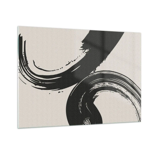 Cuadro sobre vidrio - Impresiones sobre Vidrio - Pinceladas caligráficas negras y dinámicas sobre un fondo claro. - 100x70cm - Barrido y circular - Decoración de pared moderna para salón y dormitorio ARTTOR