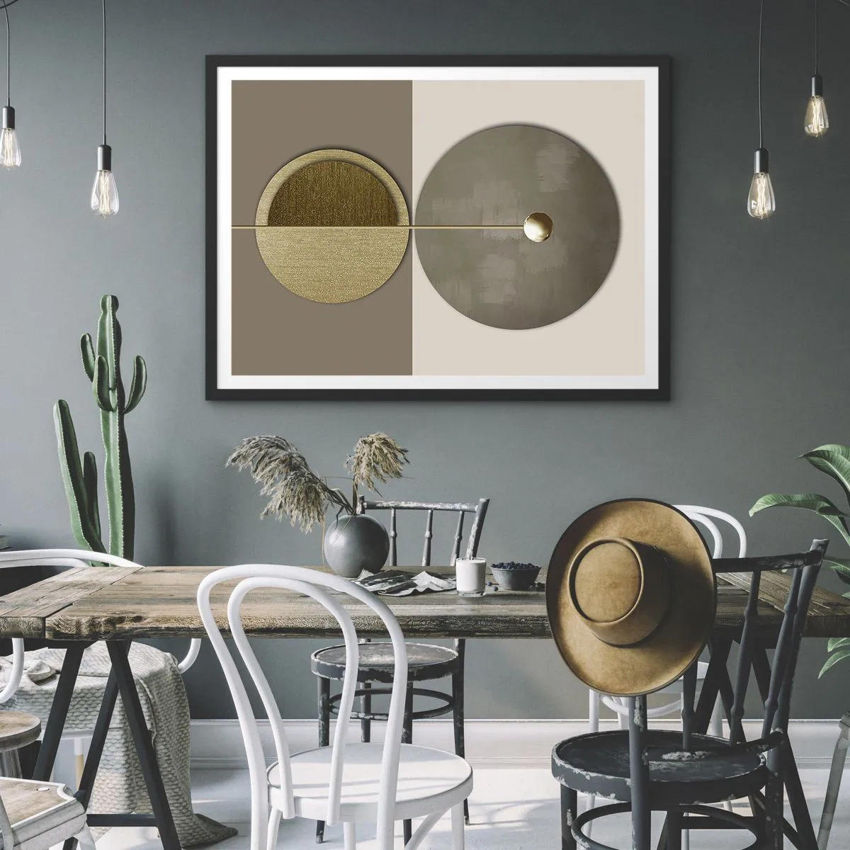 Póster en marco negro - Círculos abstractos en tonos dorados y beige. - 100x70cm - Equilibrio perfecto - Decoración de pared moderna para salón y dormitorio ARTTOR