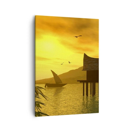 Cuadro sobre lienzo - Impresión de Imagen - Puesta de sol tropical sobre el agua con casa de madera sobre pilotes. - 50x70cm - La ansiada paz - Decoración de pared moderna para salón y dormitorio ARTTOR