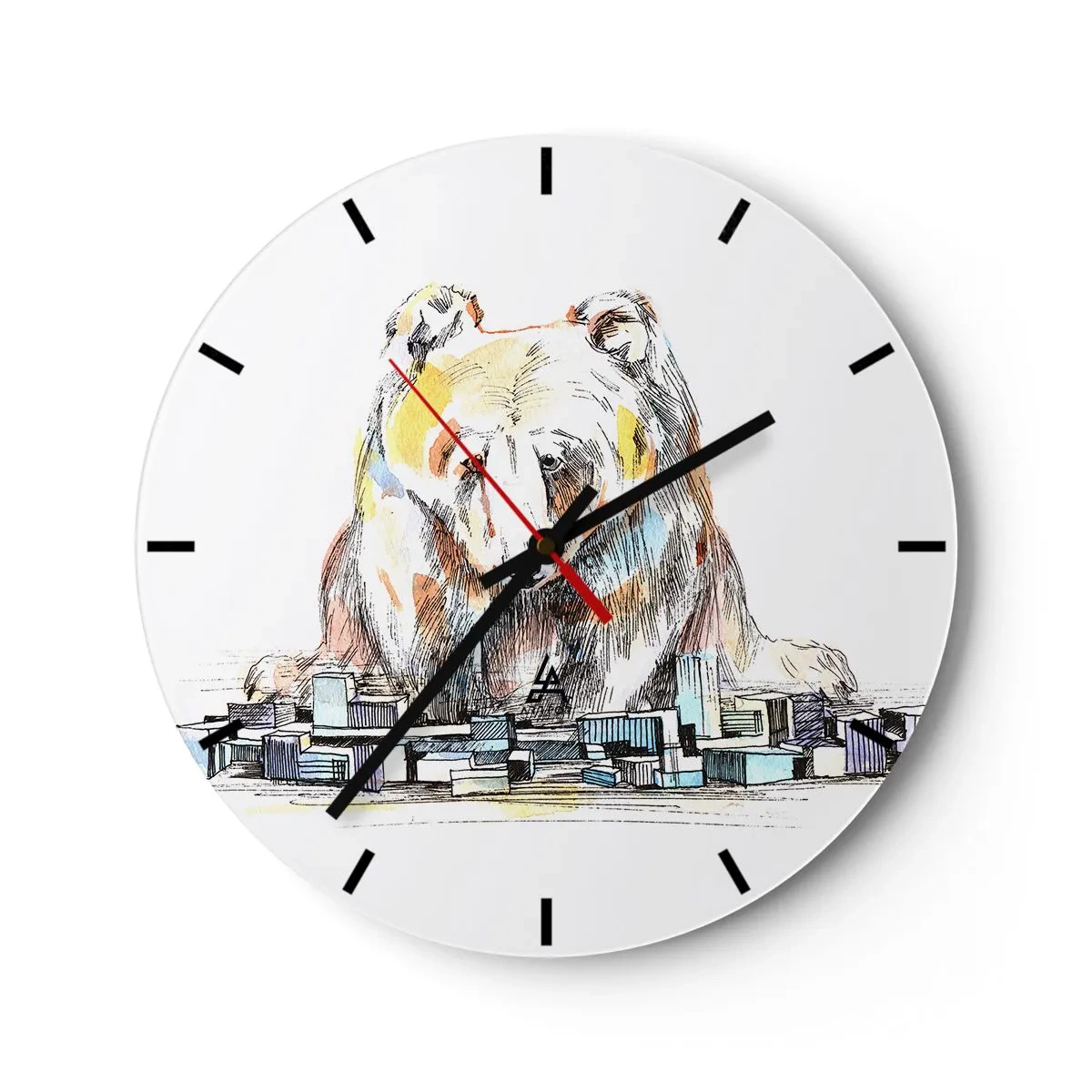 Reloj de pared - Reloj de vidrio - Dibujo de un oso sobre un paisaje urbano - 30x30cm - ¿Cómo podéis vivir así? - Decoración de pared moderna para salón, cocina y dormitorio ARTTOR