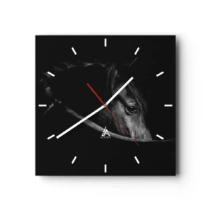 Reloj de pared - Reloj de vidrio - Un retrato en blanco y negro de un caballo con un sutil juego de luces y sombras sobre un fondo oscuro. - 30x30cm - Príncipe negro - Decoración de pared moderna para salón y dormitorio ARTTOR