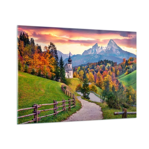 Cuadro sobre vidrio - Impresiones sobre Vidrio - Paisaje otoñal de montaña con una iglesia y una carretera que atraviesa las colinas. - 100x70cm - Paisaje como una pintura - Decoración de pared moderna para salón y dormitorio ARTTOR