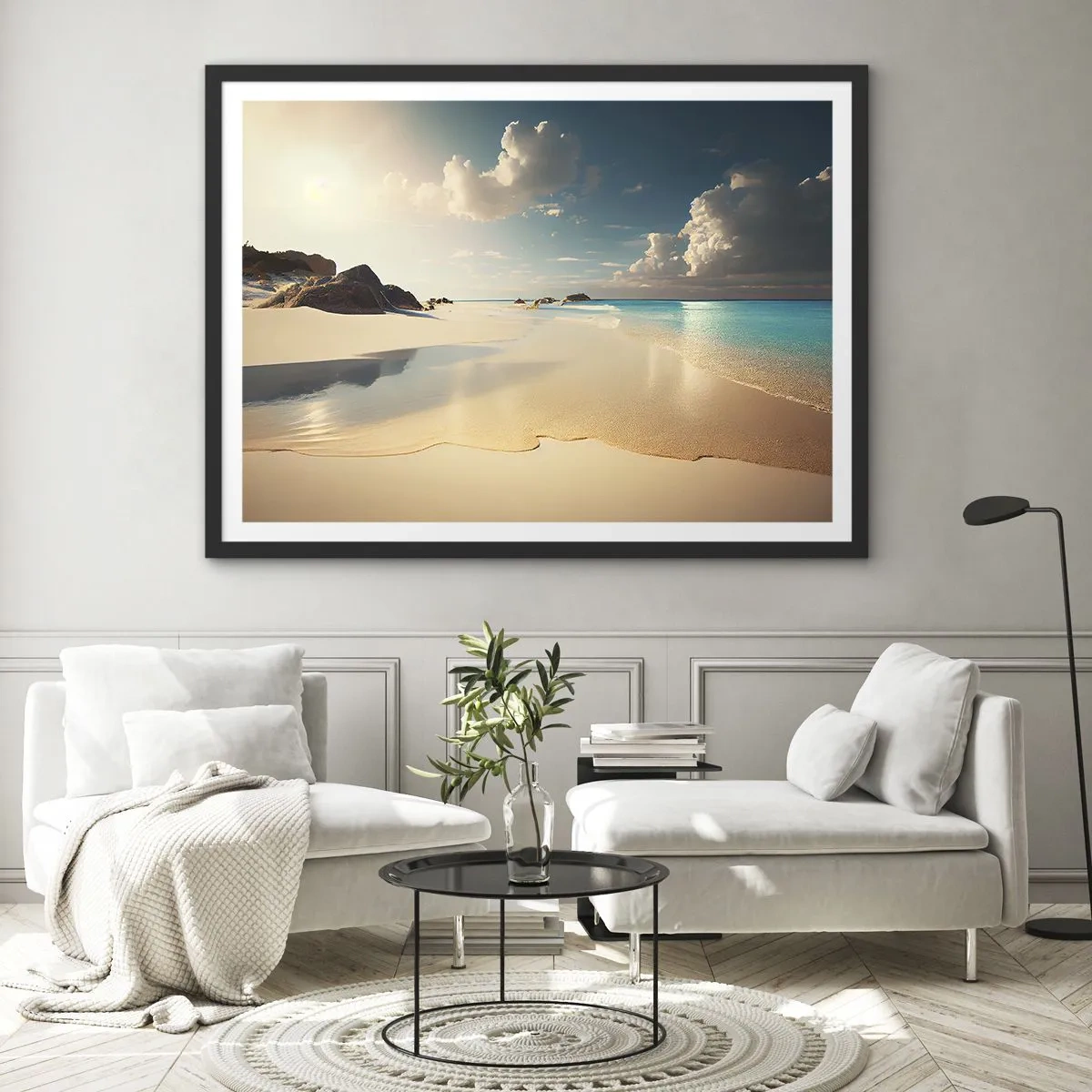 Póster en marco negro - Una playa soleada con mar azul y rocas. - 70x50cm - Un día de ensueño - Decoración de pared moderna para salón y dormitorio ARTTOR