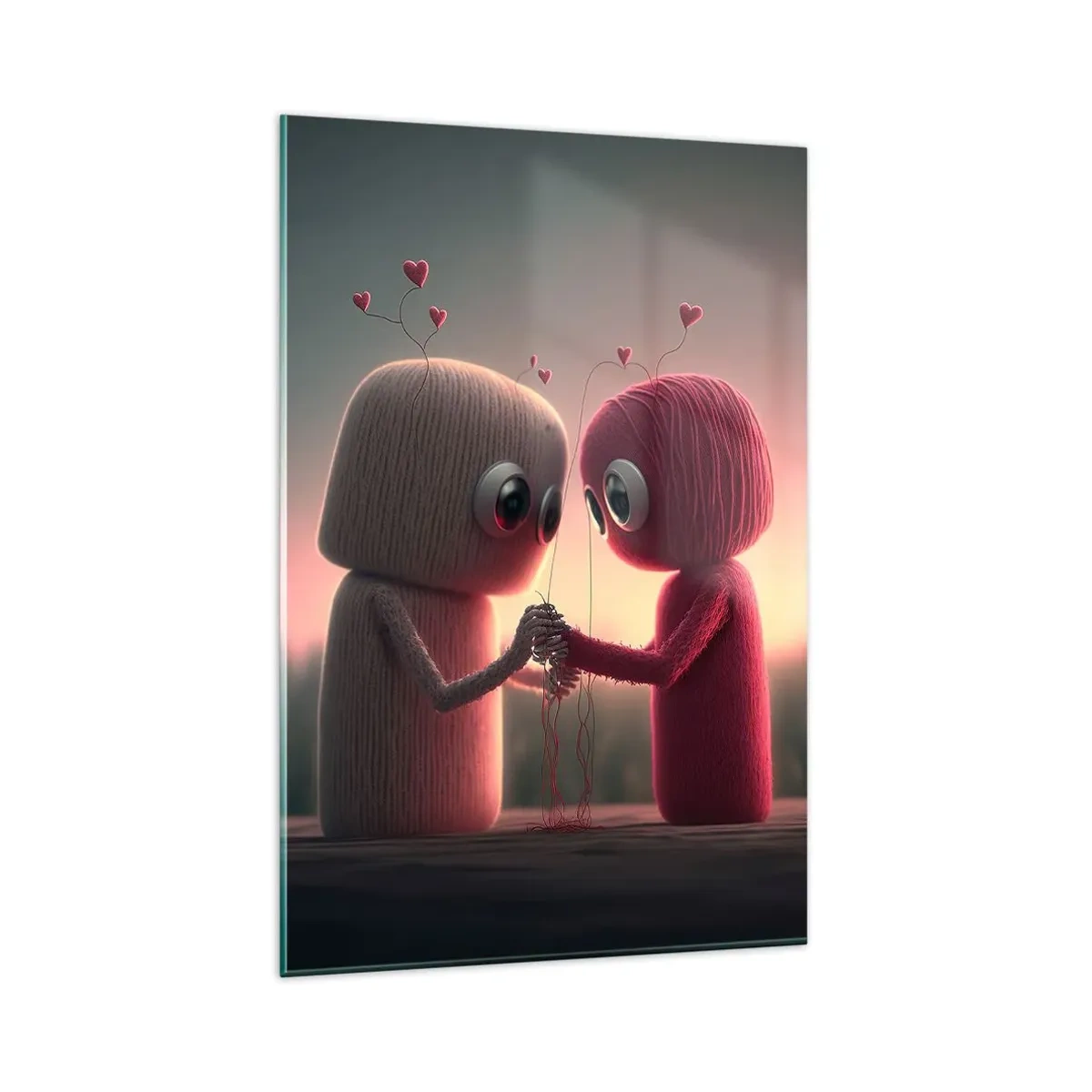 Cuadro sobre vidrio - Impresiones sobre Vidrio - Personajes de hilo en un encantador entorno con temática de corazones. - 80x120cm - Todo el mundo puede amar - Decoración de pared moderna para salón y dormitorio ARTTOR