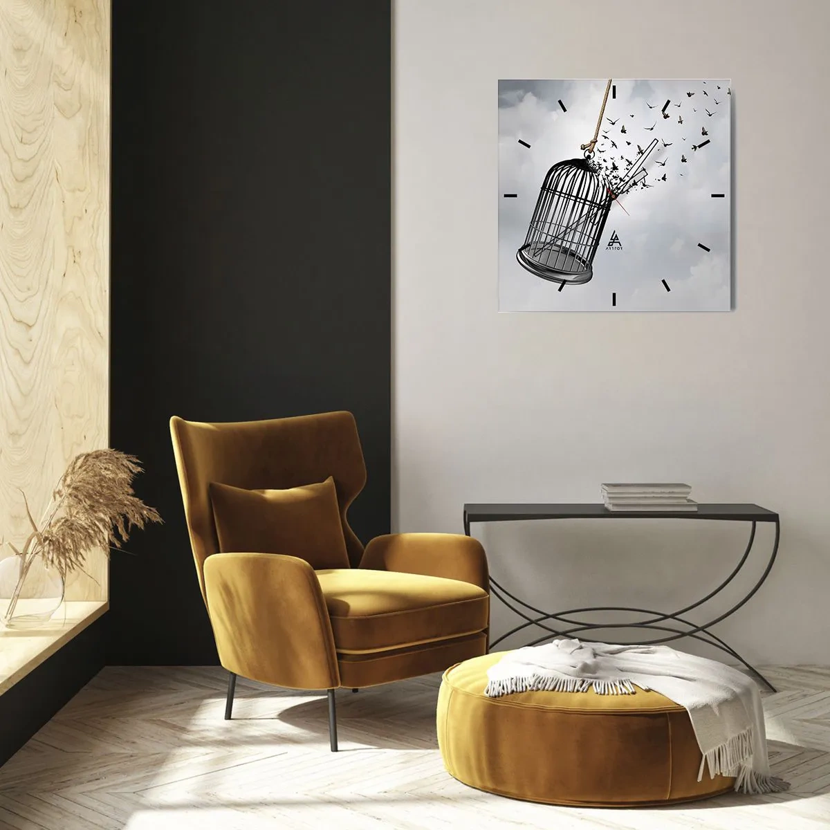 Reloj de pared - Reloj de vidrio - Pájaros volando desde una jaula contra el cielo. - 30x30cm - Fe... Esperanza... ¡Libertad! - Decoración de pared moderna para salón y dormitorio ARTTOR