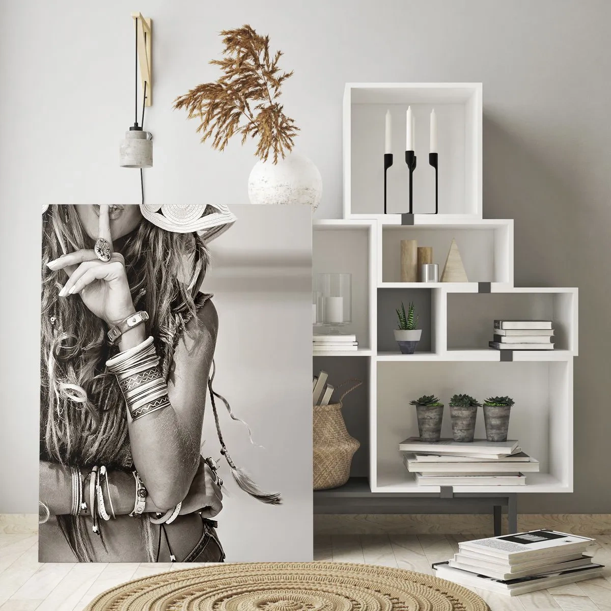 Cuadro sobre vidrio - Impresiones sobre Vidrio - Retrato de una mujer boho con joyas. - 80x120cm - Libertad natural - Decoración de pared moderna para salón y dormitorio ARTTOR