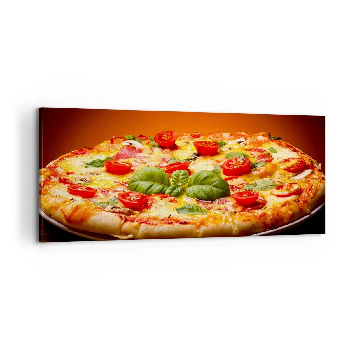 Cuadro sobre lienzo - Impresión de Imagen - Pizza con tomates y albahaca sobre una mesa de madera. - 120x50cm - ¡Mamma mia! - Decoración de pared moderna para salón y dormitorio ARTTOR