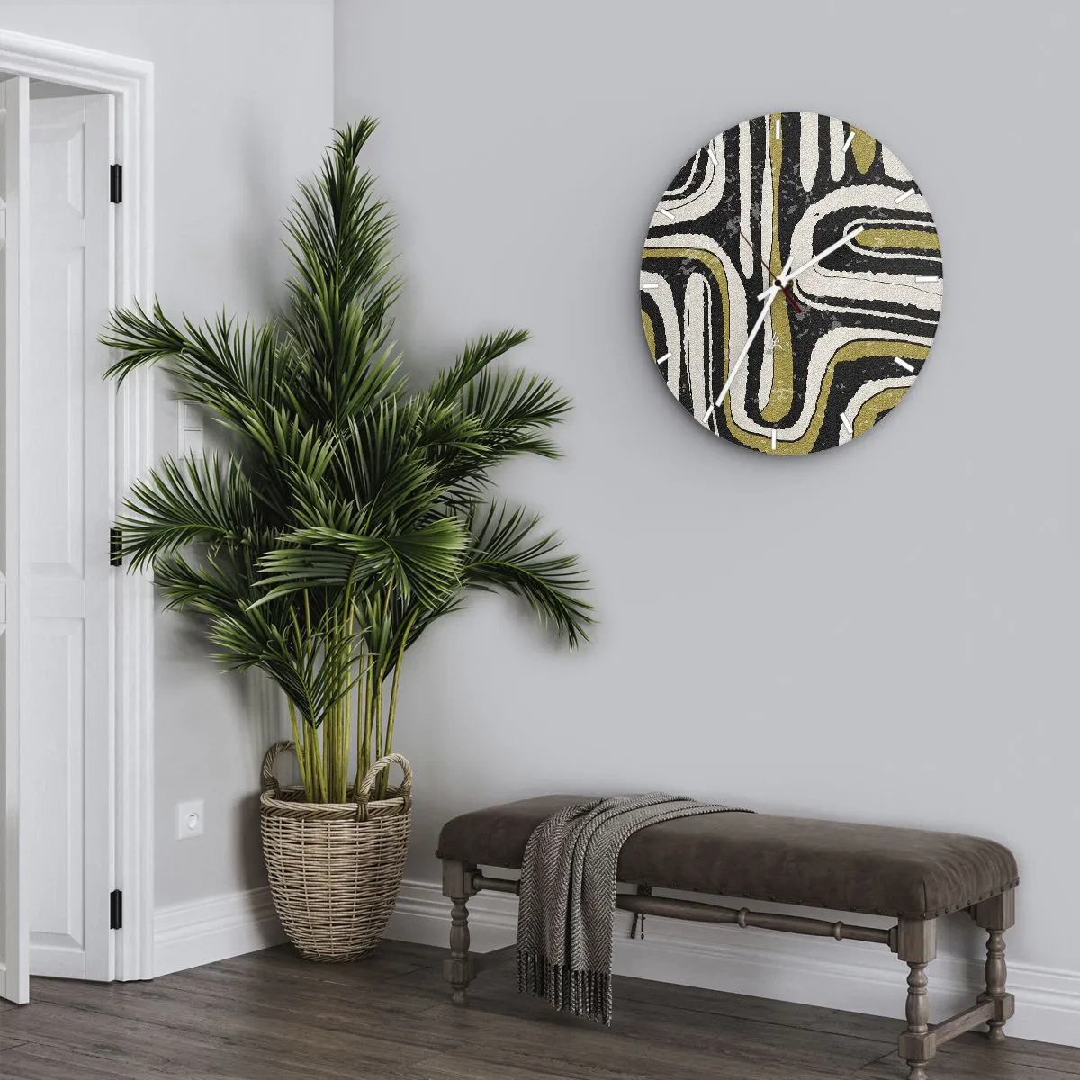 Reloj de pared - Reloj de vidrio - Rayas geométricas en tonos beige, negro y oliva. - 30x30cm - Composición: tramos y callejones - Decoración de pared moderna para salón, cocina y dormitorio ARTTOR