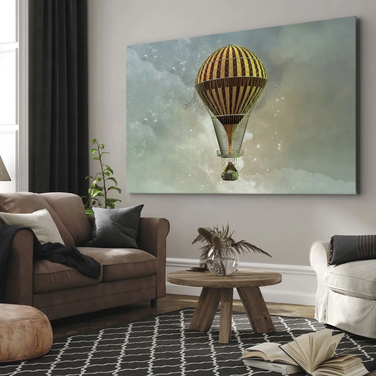 Cuadro sobre lienzo - Impresión de Imagen - Un globo aerostático flotando entre las nubes. - 70x50cm - Vuelos pioneros - Decoración de pared moderna para salón y dormitorio ARTTOR