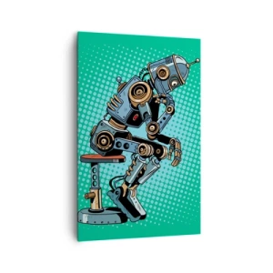 Cuadro sobre lienzo - Impresión de Imagen - Robot pensador de estilo pop art sobre un fondo verde - 80x120cm - Sobre la esencia del ser - Decoración de pared moderna para salón y dormitorio ARTTOR