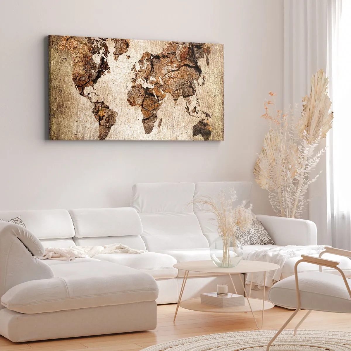 Cuadro sobre lienzo - Impresión de Imagen - Un mapa del mundo en estilo rústico de madera. - 140x50cm - El descubrimiento del mundo - Decoración de pared moderna para salón y dormitorio ARTTOR