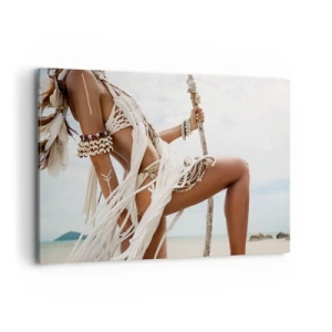 Cuadro sobre lienzo - Impresión de Imagen - Figura de una mujer con adornos y ropa étnica con el telón de fondo de un paisaje tropical. - 120x80cm - Sacerdotisa del sol - Decoración de pared moderna para salón y dormitorio ARTTOR