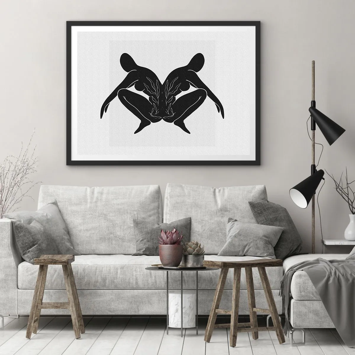 Póster en marco negro - Siluetas negras en posición simétrica sobre un fondo blanco. - 70x50cm - Un alma compartida - Decoración de pared moderna para salón y dormitorio ARTTOR