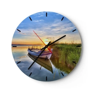 Reloj de pared - Reloj de vidrio - Un barco en el lago al atardecer - 30x30cm - Sueños cumplidos - Decoración de pared moderna para salón, cocina y dormitorio ARTTOR