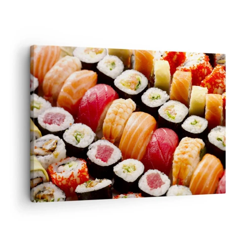 Cuadro sobre lienzo - Impresión de Imagen - Sushi colorido dispuesto en filas con diversos ingredientes. - 70x50cm - Colores y sabores de Asia - Decoración de pared moderna para salón y dormitorio ARTTOR