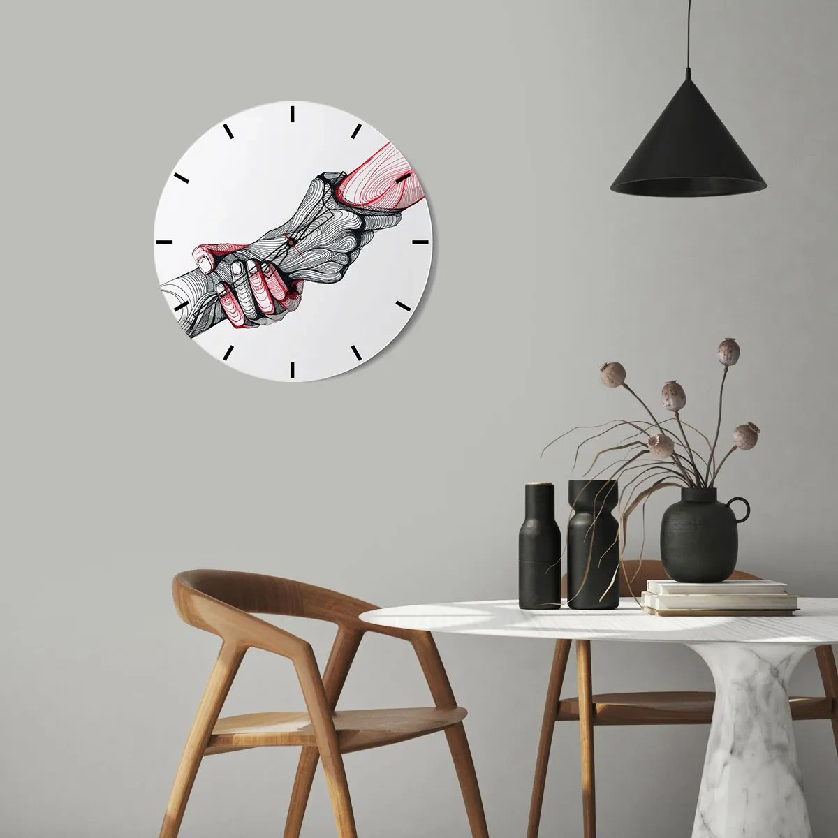 Reloj de pared - Reloj de vidrio - Manos artísticas en un apretón de manos, diseño de contorno negro y rojo. - 30x30cm - Estás en buenas manos - Decoración de pared moderna para salón, cocina y dormitorio ARTTOR