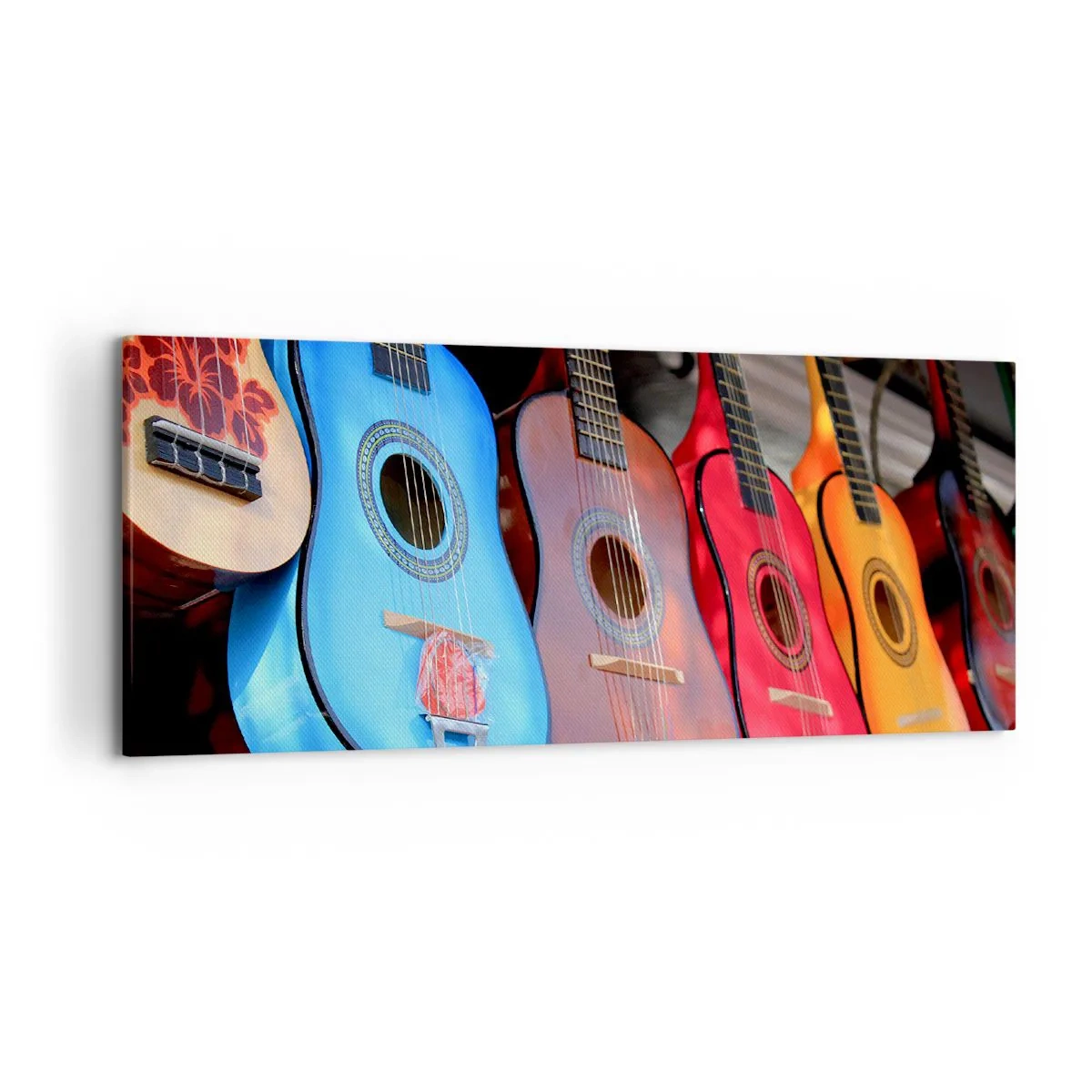 Cuadro sobre lienzo - Impresión de Imagen - Guitarras acústicas de colores cuelgan en fila en exhibición - 120x50cm - Estilo latino - Decoración de pared moderna para salón y dormitorio ARTTOR